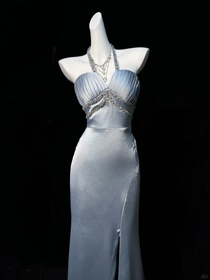 Vintage Prom Dresses 1950er Meerjungfrau Neckholder Silbergrau mit Schlitz Ärmellose Abendgarderobe Formelle Outfits RB4341