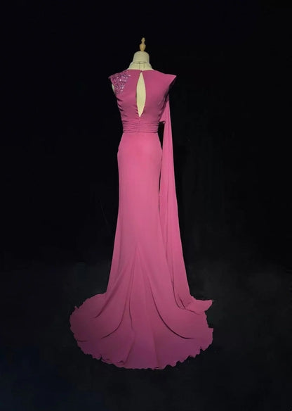 Vintage Ballkleider Meerjungfrau One-Shoulder Hot Pink Chiffon Ärmellos 1990er Lang Formelles Abendkleid N2638