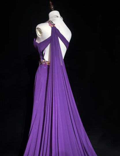 Vintage Abschlussballkleider A-Linie One Shoulder Lila Chiffon 80er Jahre mit Perlen Lang Formelle Abendgarderobe N3889