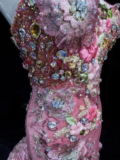 Belles robes de bal sirène à bretelles spaghetti roses avec perles et fleurs longues tenues de soirée N3318