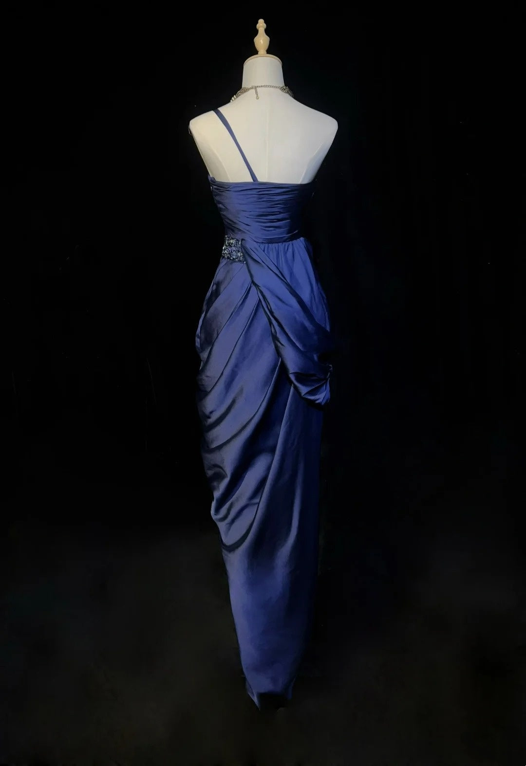 Robes de bal vintage fourreau bleu marine satin années 1990 longue robe de soirée formelle N2663
