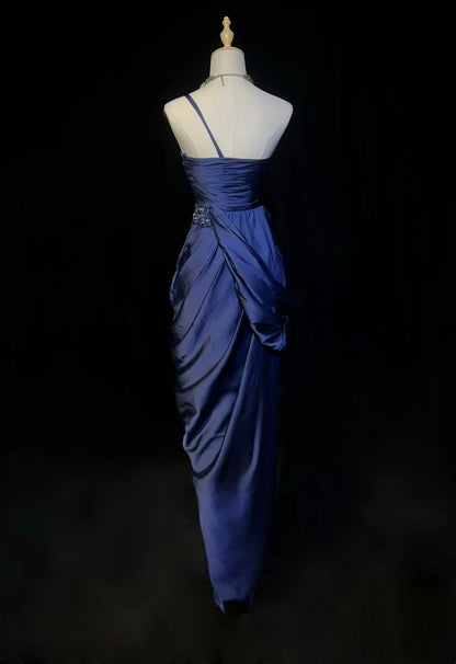 Robes de bal vintage fourreau bleu marine satin années 1990 longue robe de soirée formelle N2663