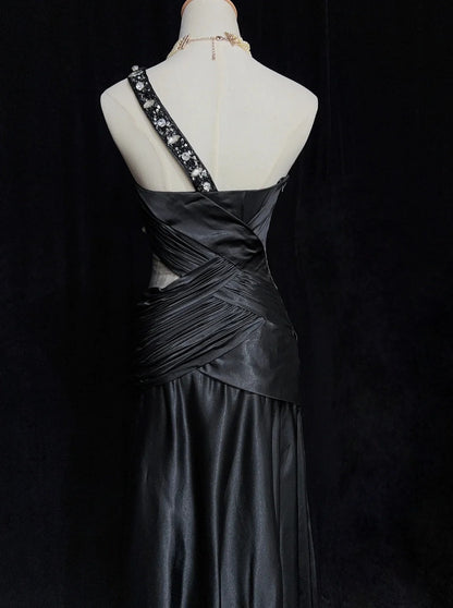 Vintage Abschlussballkleider 80er Meerjungfrau One Shoulder Black Tie Kleid mit Perlenstickerei Semi Formal Abendgarderobe N3636