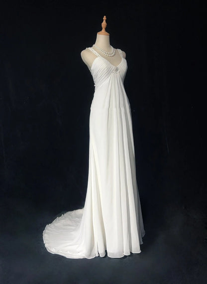 Einfache weiße Abschlussballkleider A-Linie V-Ausschnitt Chiffon Ärmellos mit Perlen Semi-formelles Abendkleid N3820
