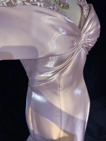 Vintage Abschlussballkleider Inspo Meerjungfrau schulterfrei rosa Satin 80er mit Spitze Abendkleider N3374