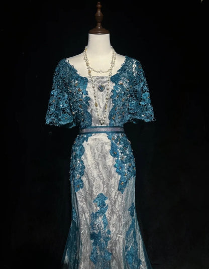 Vintage Ballkleider Inspo Meerjungfrau Spitze Blau Tüll Spitze 80er mit Applikationen Formelle Kleider N3366