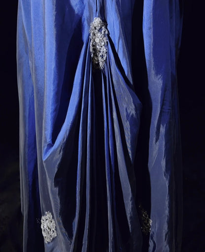 Robes de Bal Vintage, Coupe A-ligne, Col Cœur, Taffetas Bleu Marine, Cape Perlé Années 90, Longue Robe de Soirée N2904