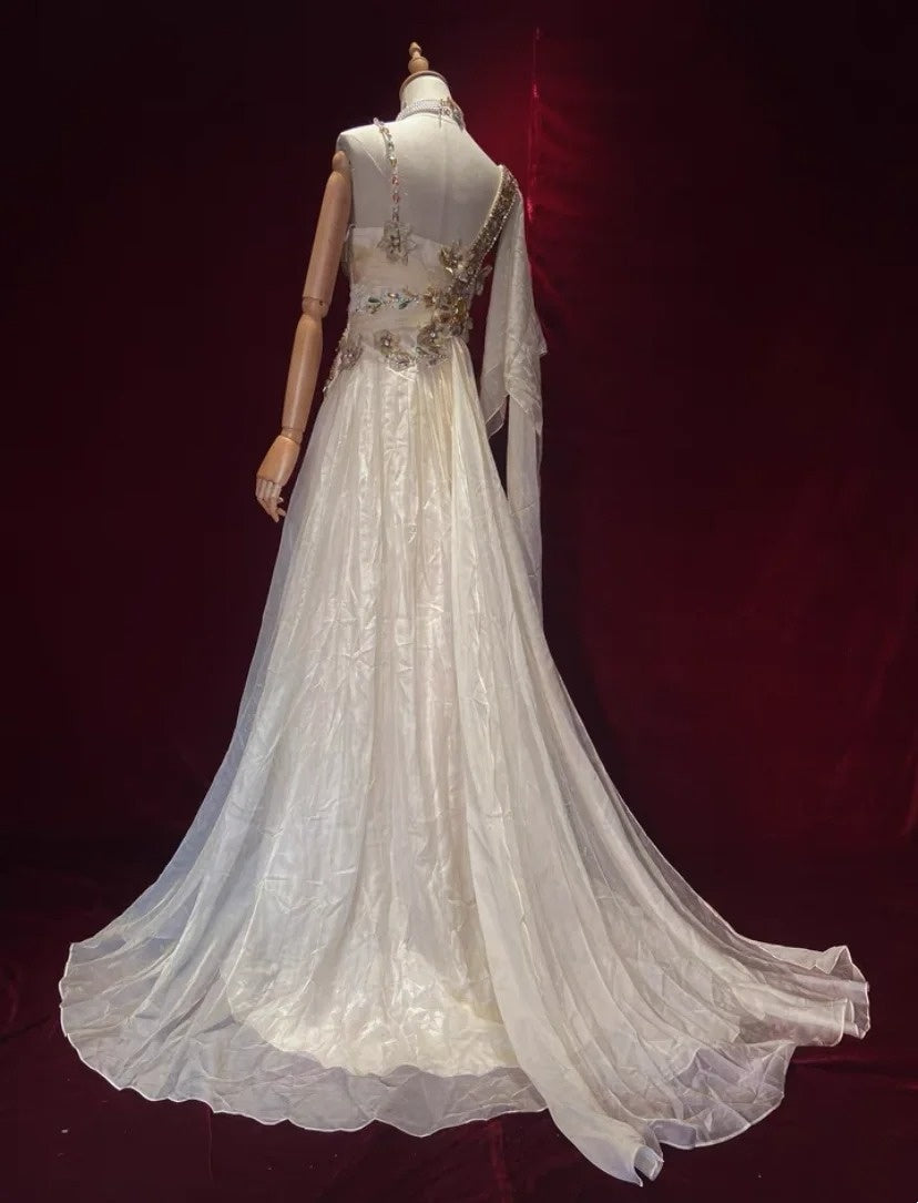 Magnifiques robes de bal ligne A bretelles mousseline de soie champagne clair avec cape tenues de soirée longues N3439