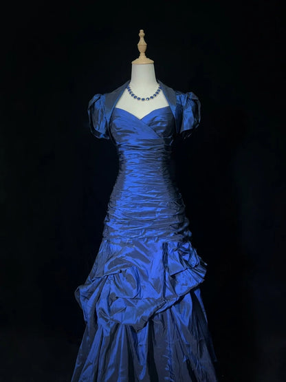 Vintage Ballkleider 1950er Retro Elegant Meerjungfrau Herzausschnitt Marineblau Taft Abendkleider Mit Jacke N3012