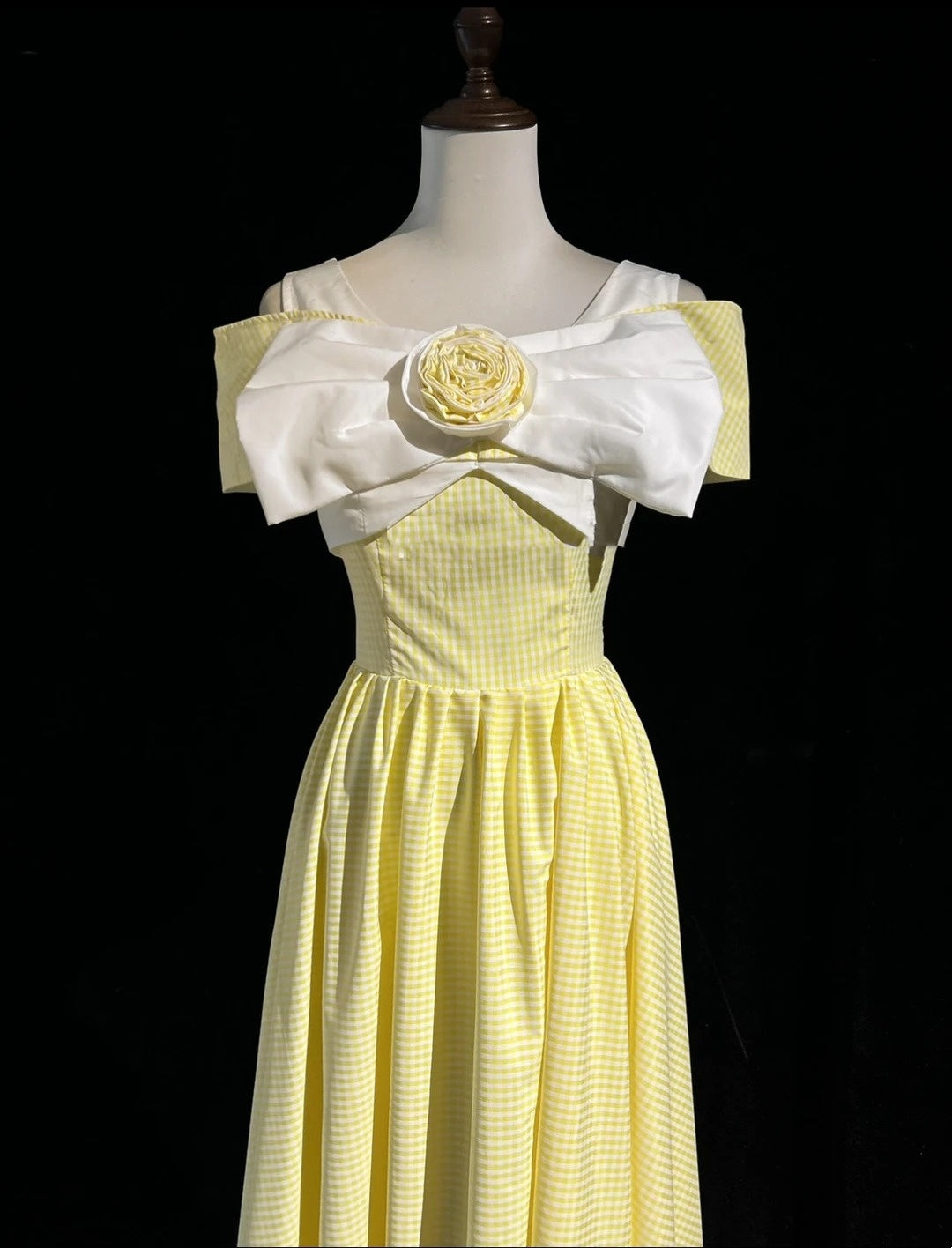 Vintage Prom Dresses A Line Yellow Lattice Satin 80s Evening Formal Dress RB3277