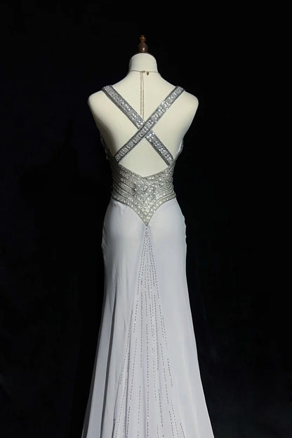 Vintage Prom Dresses Mermaid Sweetheart Gray Chiffon With Beading 1970s Long Formal Gown N2614
