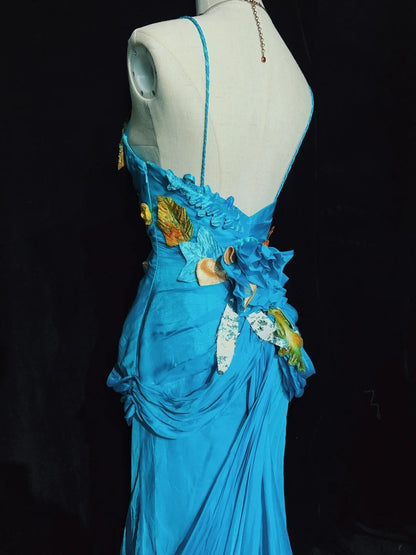 Robes de bal modestes Sirène Bretelles fines Mousseline bleue Sans manches avec feuille Robe de soirée formelle N3841