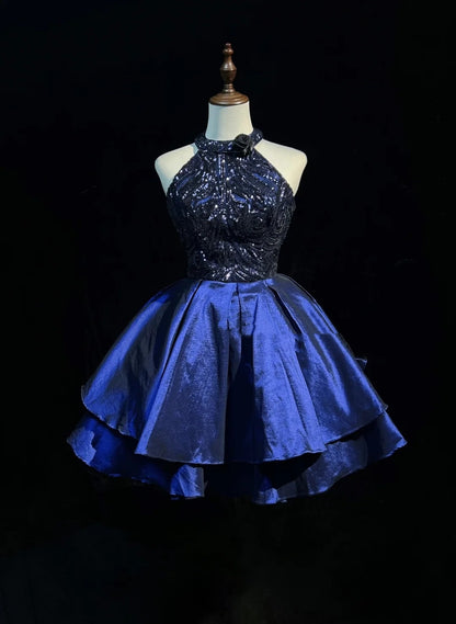Bescheidene Ballkleid Hochgeschlossen Marineblau Satin Pailletten Ideen für Frauen Kurze Geburtstags Kleider Mini Homecoming Outfits N3272