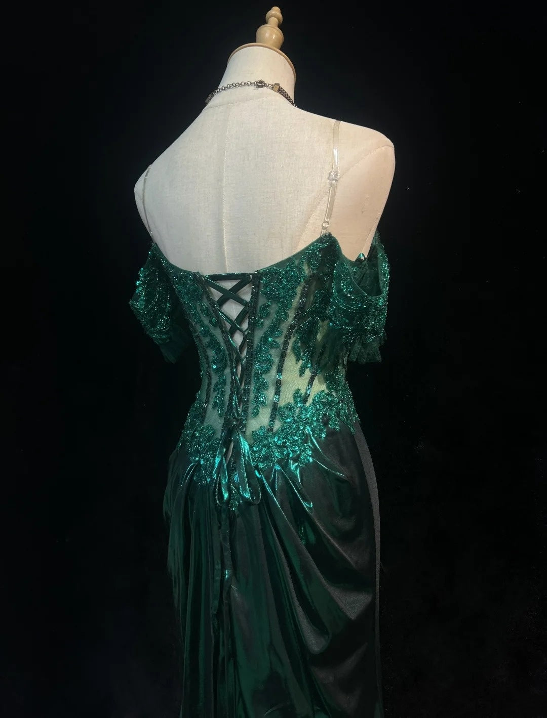Robes de bal modestes d'inspiration sirène, épaules dénudées, vert émeraude foncé, fente, dentelle, robes de soirée longues années 80 N3389