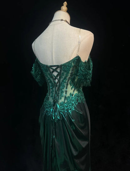 Robes de bal modestes d'inspiration sirène, épaules dénudées, vert émeraude foncé, fente, dentelle, robes de soirée longues années 80 N3389