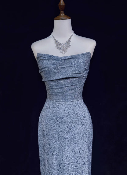 Robes de Bal Vintage Années 60 Sirène Bustier Bleu Pailleté Avec Robe de Bal Longue Volants N3097