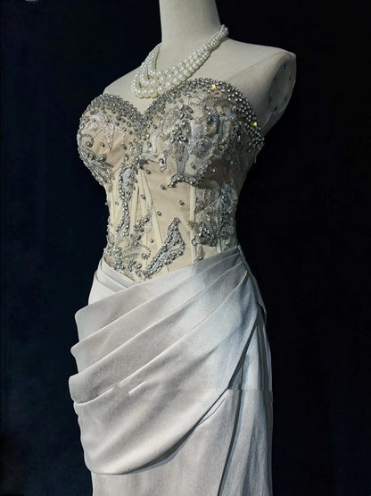 Robes de bal vintage des années 80 sirène bustier gris argenté avec perles tenues de soirée semi-formelles N3638