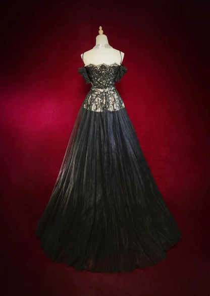 Retro Abendkleid Abschlussball Vintage Kleider Meerjungfrau Spaghettiträger Schwarz Spitze mit Schleppe Lange 90er Formelle Outfits N2325