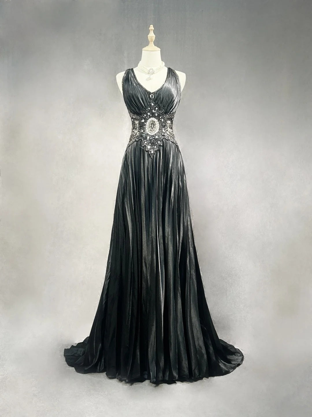 Vintage Abschlussballkleider A-Linie V-Ausschnitt Black Tie Kleid Perlenbesetztes 90er Langes Abendkleid N2652