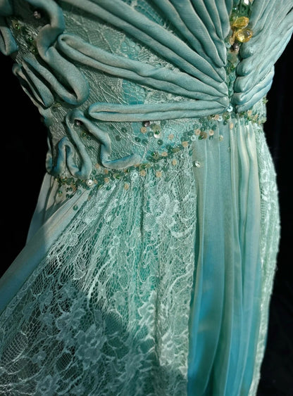 Robe de soirée rétro, robes vintage, bustier coupe A, dentelle verte mousseline perlée, tenues de cérémonie années 90 N2328
