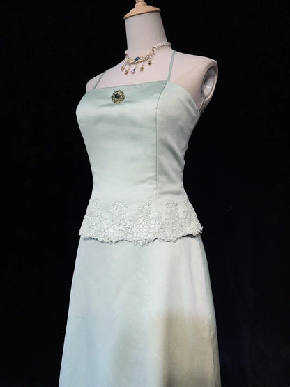 Robes de bal modestes d'inspiration ligne A licou en satin vert sauge clair avec dentelle pour femme robe de soirée N3225