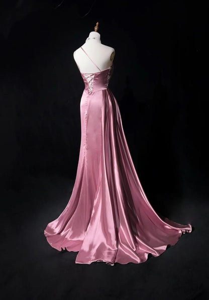 Vintage Promkleider Inspo Meerjungfrau Ein-Schulter-Satin mit Perlen Schlitz 80er Jahre Langes Ballkleid N2735