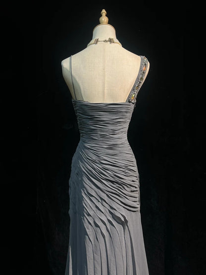 Robes de bal simples Sirène Bretelles fines Grises Mousseline Longueur ras du sol Volants Robe de soirée formelle N3685