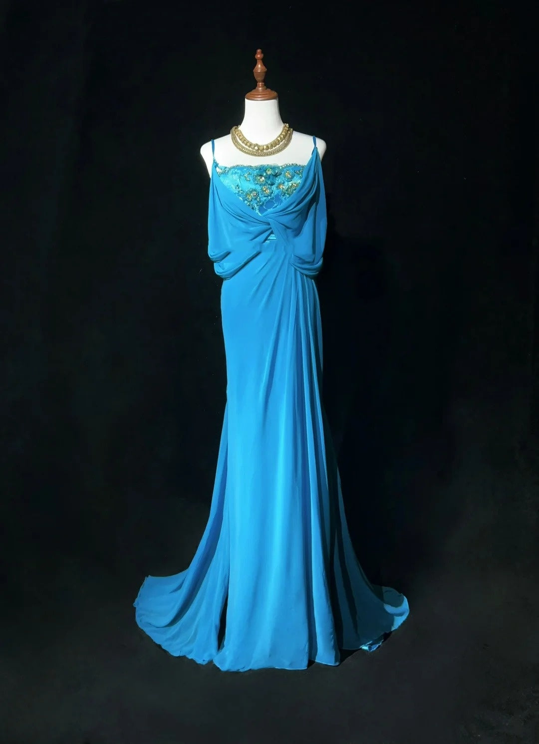 Robes de bal gothiques glamour sirène, bretelles fines, mousseline bleue sans manches avec perles, robe de soirée semi-formelle N3819
