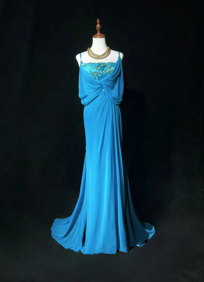 Robes de bal gothiques glamour sirène, bretelles fines, mousseline bleue sans manches avec perles, robe de soirée semi-formelle N3819