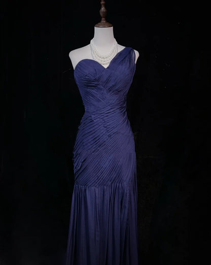 Robes de bal de rêve des années 90 Sirène Asymétrique Bleu Marine Plissée Tenues de Soirée Formelles N3836