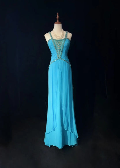 Robes de bal vintage trapèze sans manches en mousseline bleue avec perles et cape Tenues de soirée formelles N3853