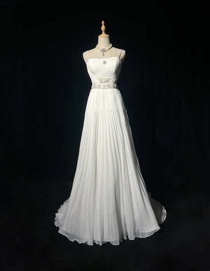 Robes de mariée vintage années 90, coupe trapèze, à fines bretelles, blanches unies, pour mariage estival en jardin, longue robe de mariée N3721
