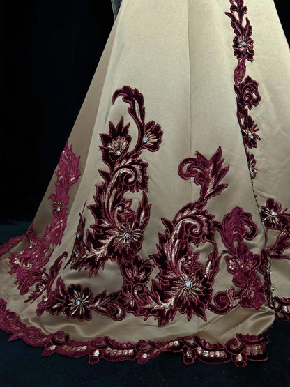 Robes de bal de princesse sirène à bretelles spaghetti champagne avec broderie bordeaux longue robe de soirée N3291