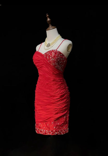 Pretty Sheath Spaghetti Strap Red Tight Bodycon Short Mini Homecoming Dresses Hoco Gowns N2659