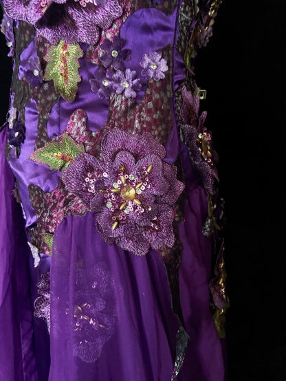 Belles Robes de Bal Sirène Violet Sans Bretelles Tulle avec Fleurs Appliquées Longues Tenues de Soirée N3411