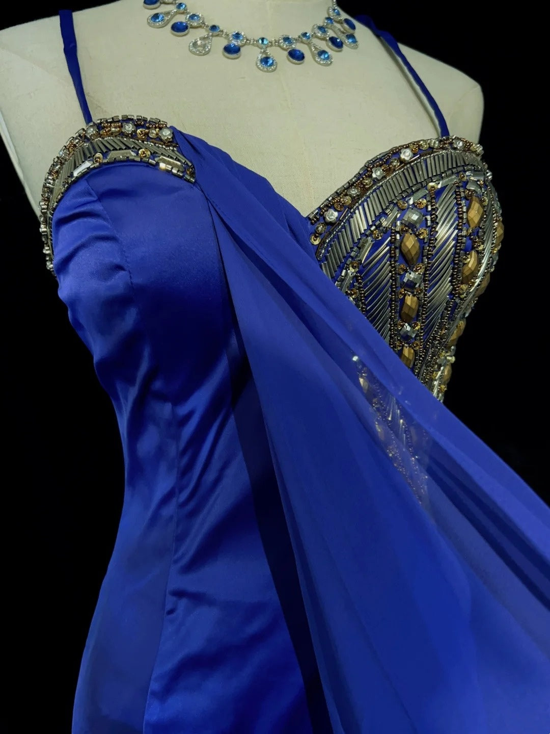 Robes de bal vintage sirène à fines bretelles bleu roi années 70 avec perles robe de soirée longue N2516