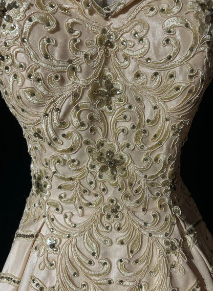 Robes de bal vintage des années 80, robe de soirée, épaules dénudées, couleur champagne avec perles, tenues de soirée N3468