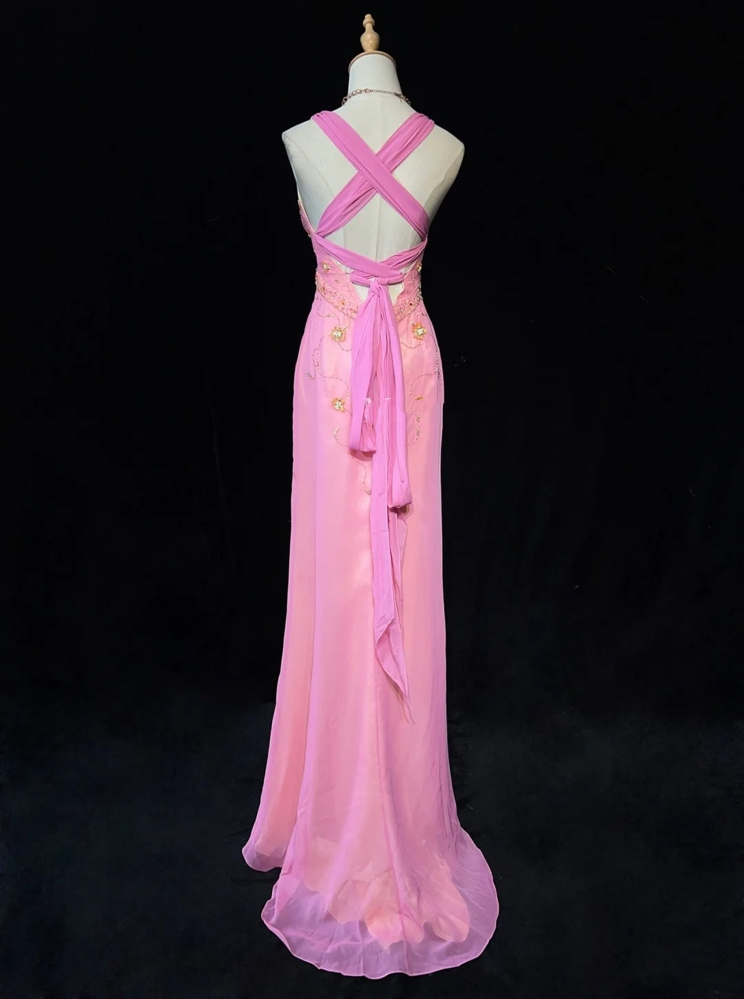 Idées de robes de bal modestes sirène col en V mousseline rose avec perles à volants pour femme robe de soirée formelle N3231