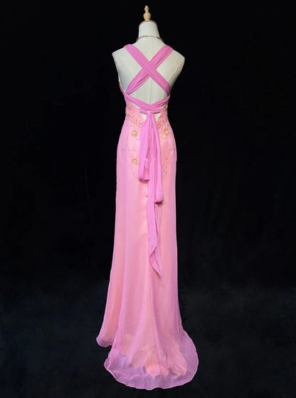 Idées de robes de bal modestes sirène col en V mousseline rose avec perles à volants pour femme robe de soirée formelle N3231
