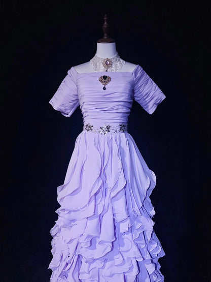 Vintage Prom Dresses A line Off The Shoulder Lilac Layers With Ruffles Short Sleeves Long Formal Dress N2511