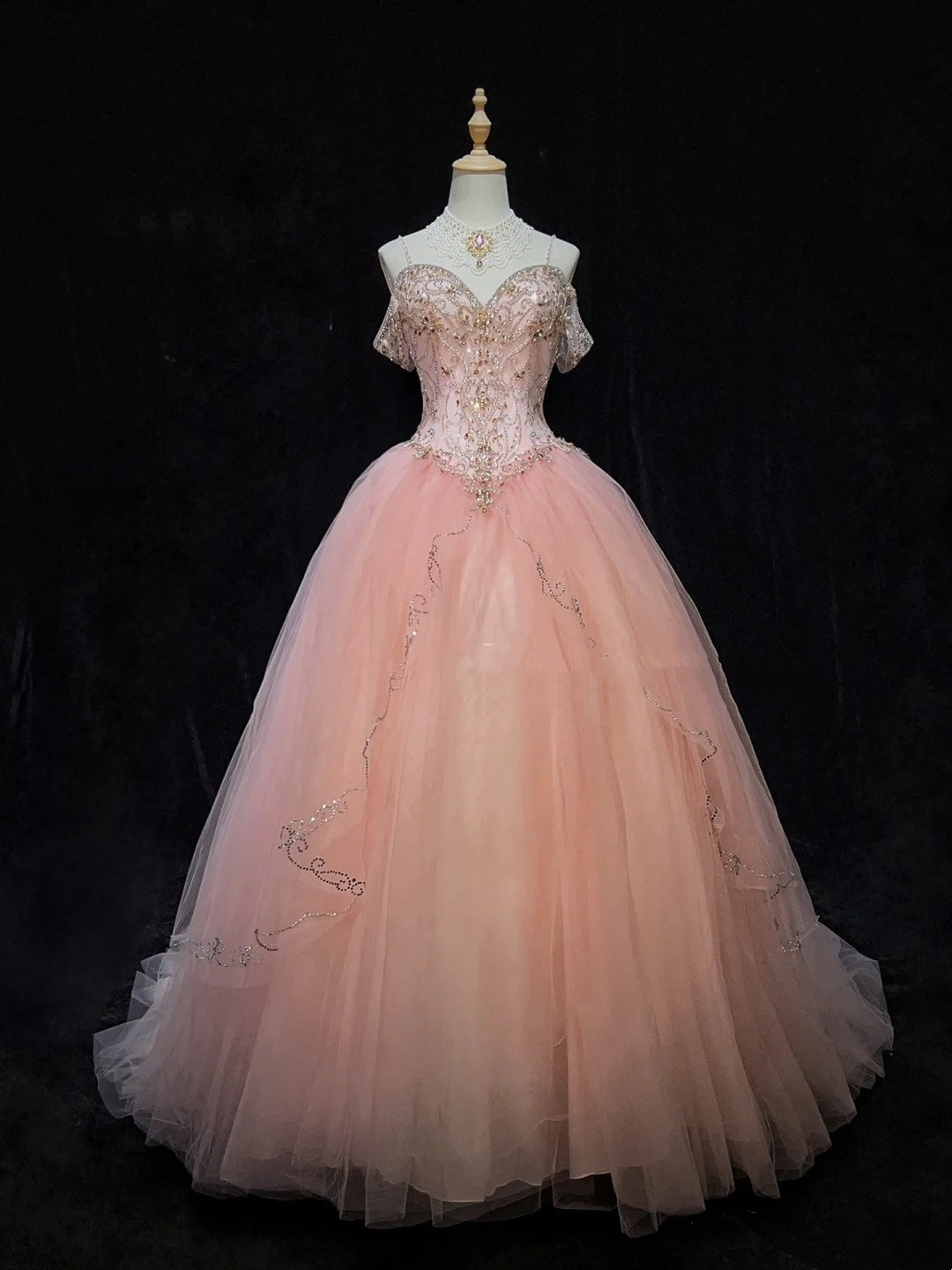 Prinzessinnen-Ballkleider Inspo Ballkleid Pink Tüll Lang mit Perlen Abendkleider N3392