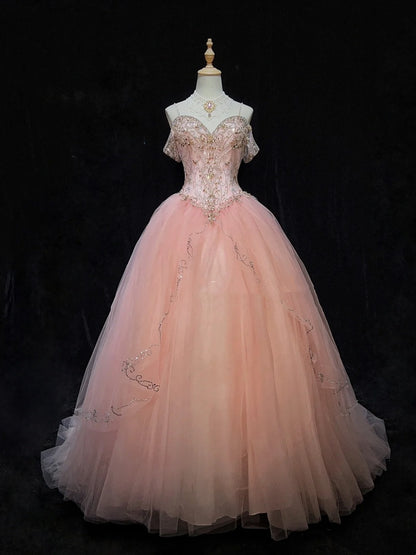 Prinzessinnen-Ballkleider Inspo Ballkleid Pink Tüll Lang mit Perlen Abendkleider N3392