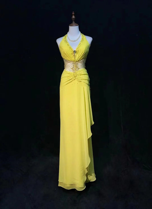 Vintage Prom Dresses A Line Halter V Neck Yellow Chiffon Backless 1990s Long Formal Evening Gown N2640