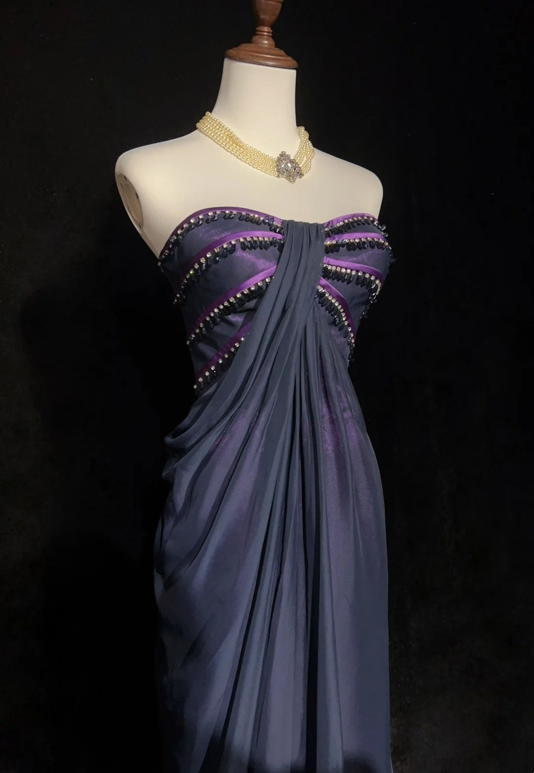 Robes de bal vintage esthétiques, coupe trapèze, bustier cœur, violet, avec perles, robe de soirée longue N3064