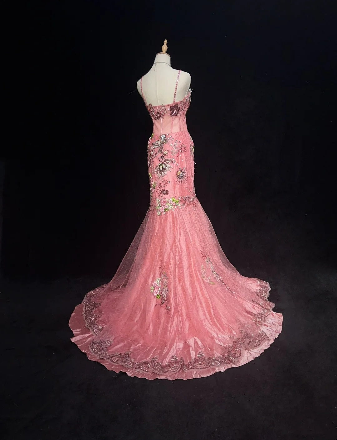 Vintage Abschlussballkleider Meerjungfrau Spaghettiträger Rosa Spitze mit Perlen 90er Lange Abendrobe N2890