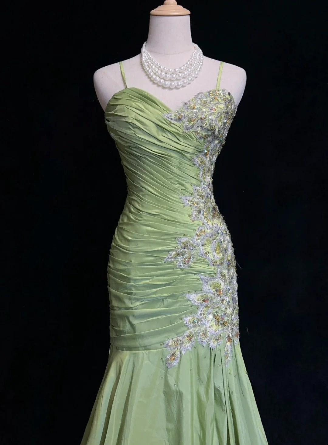 Robes de bal vintage sirène à fines bretelles vert sauge avec appliques robe longue de soirée des années 80 N2728