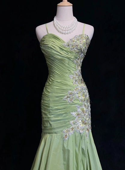 Robes de bal vintage sirène à fines bretelles vert sauge avec appliques robe longue de soirée des années 80 N2728