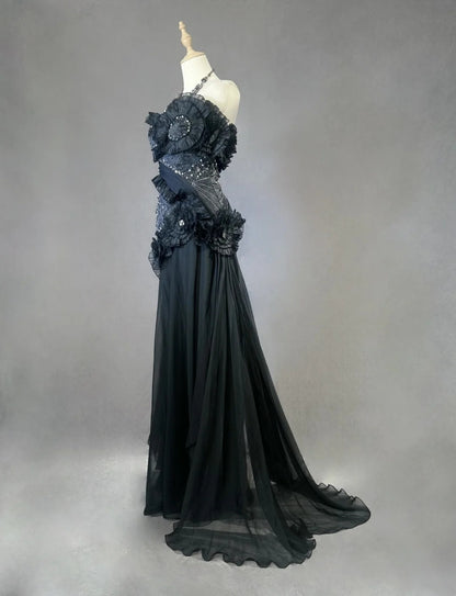 Vintage Prom Dresses Meerjungfrau Sweetheart Black Tie Kleid Chiffon mit Perlen 1980er Jahre Lange Abendkleid N2621