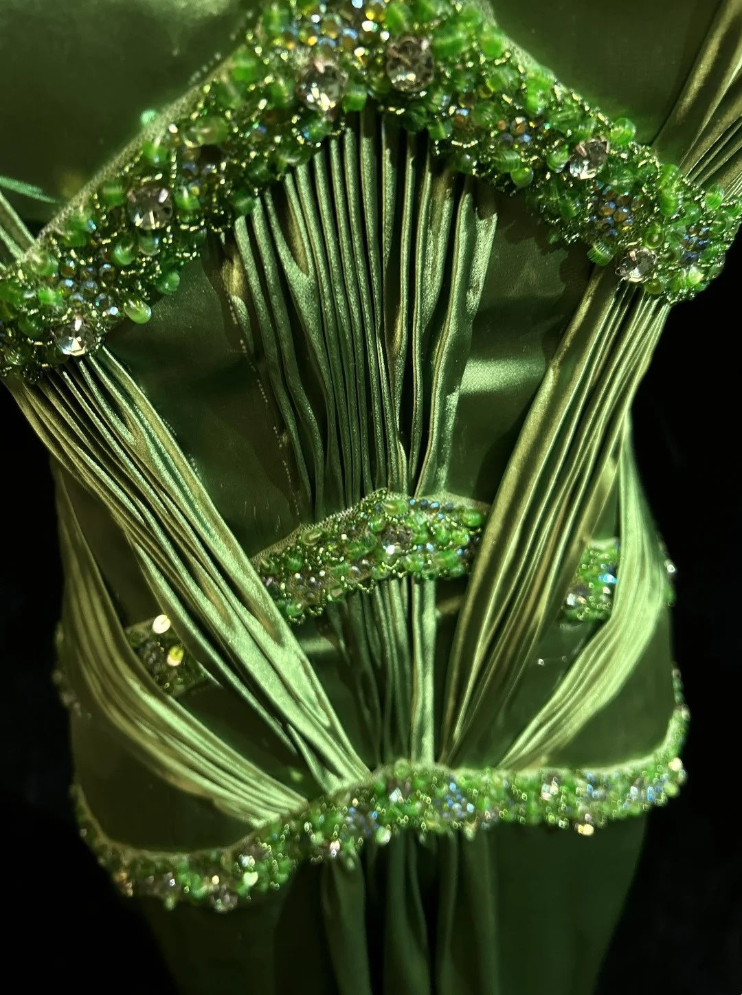 Vintage Prom Dresses A Line Spaghetti Strap Green Satin With Beading Long Formal Dress N2455