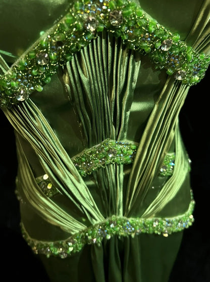 Vintage Prom Dresses A Line Spaghetti Strap Green Satin With Beading Long Formal Dress N2455